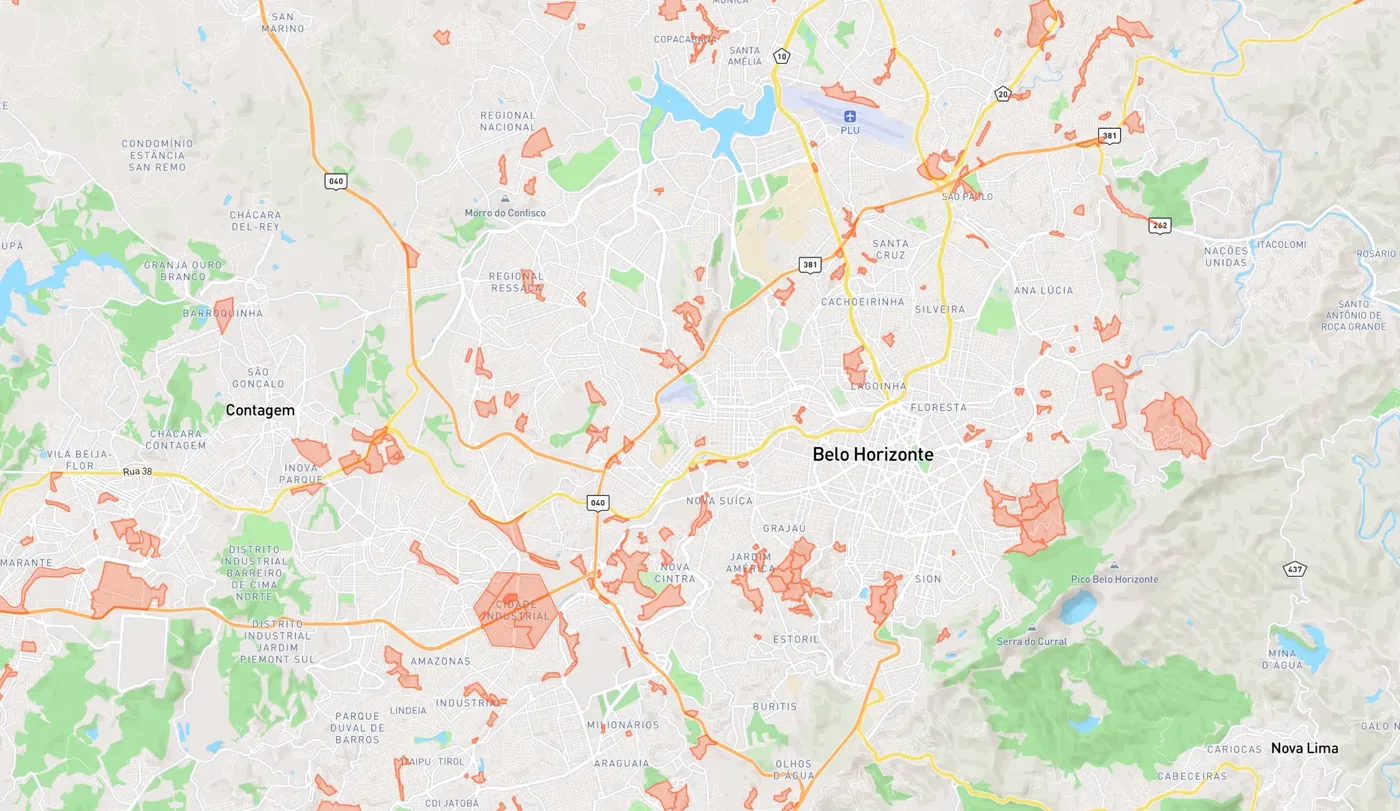 Mapa da plataforma Softruck com áreas de risco destacadas em vermelho em Contagem e Belo Horizonte, entre elas a Cidade Industrial, o entorno da Rua 38, Jardim América, Nova Cintra e a região do Anel Rodoviário
